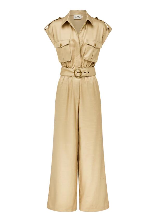 Image of a model wearing Outerwear. Productname: Rita Jumpsuit Beige | MOS The Label in Classic Beige colour by brand - MOS The Label