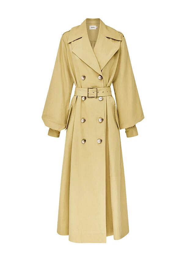 Image of a model wearing Outerwear. Productname: Arena Trench Coat| MOS The Label in Moss colour by brand - MOS The Label