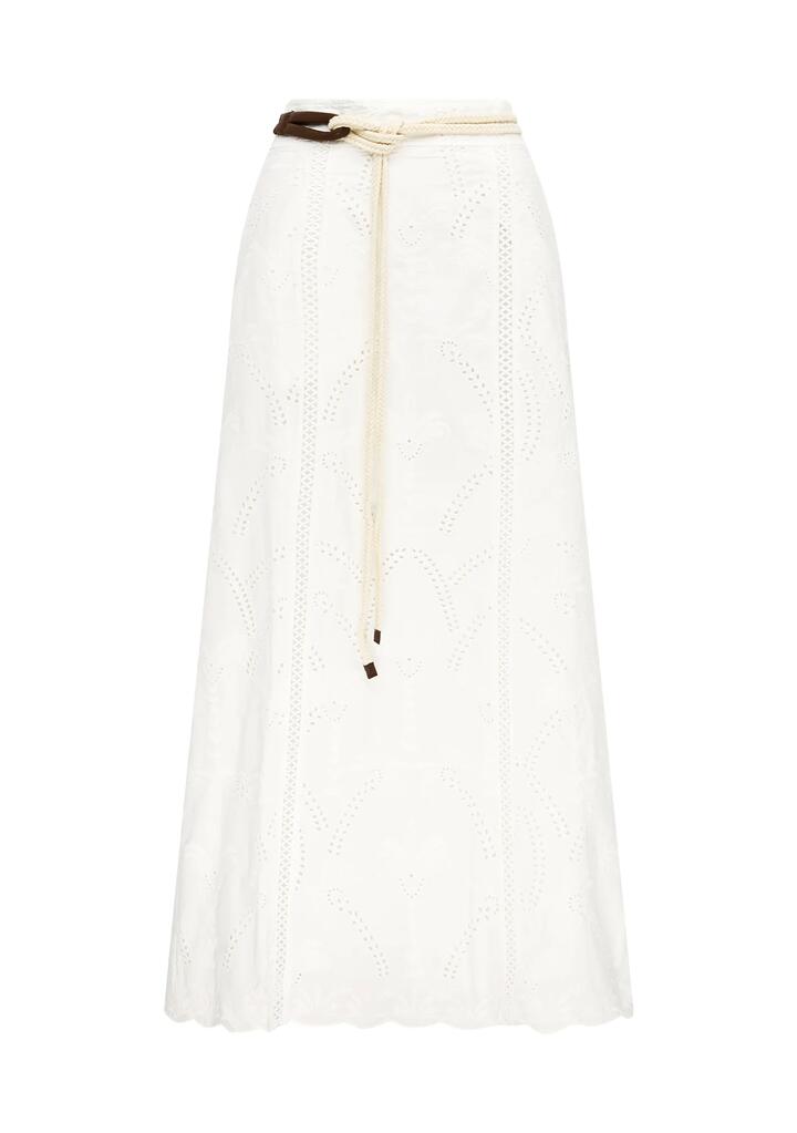 Image of a model wearing Skirts. Productname: Alicia Maxi Skirt | MOS The Label in Optic White colour by brand - MOS The Label