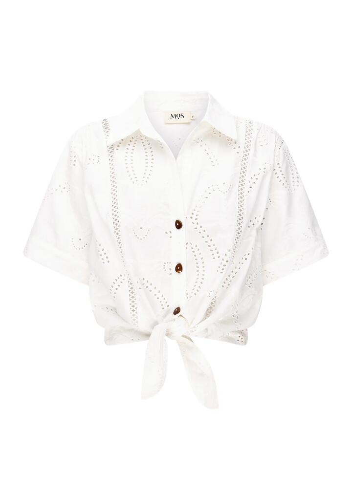 Image of a model wearing Tops. Productname: Alicia Tie Front Shirt | MOS The Label in Optic White colour by brand - MOS The Label