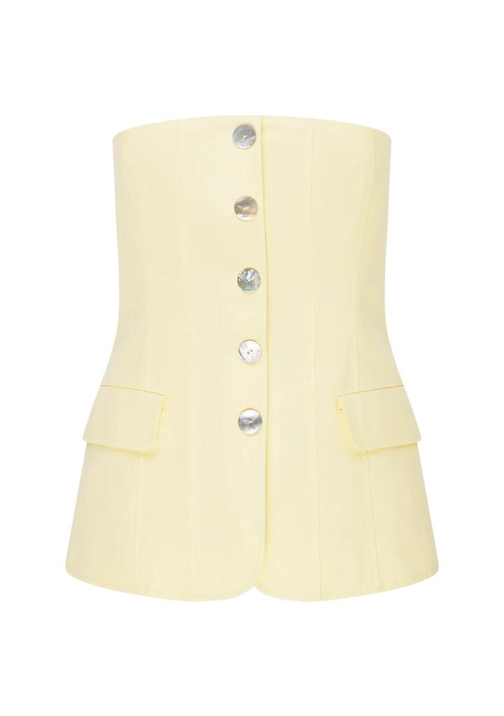 Image of a model wearing Tops. Productname: Monaco Suiting Bustier | MOS The Label in Butter Yellow colour by brand - MOS The Label