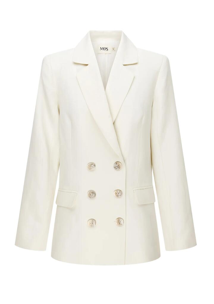 Image of a model wearing Outerwear. Productname: Serafina Linen Blazer | MOS The Label in Ecru colour by brand - MOS The Label