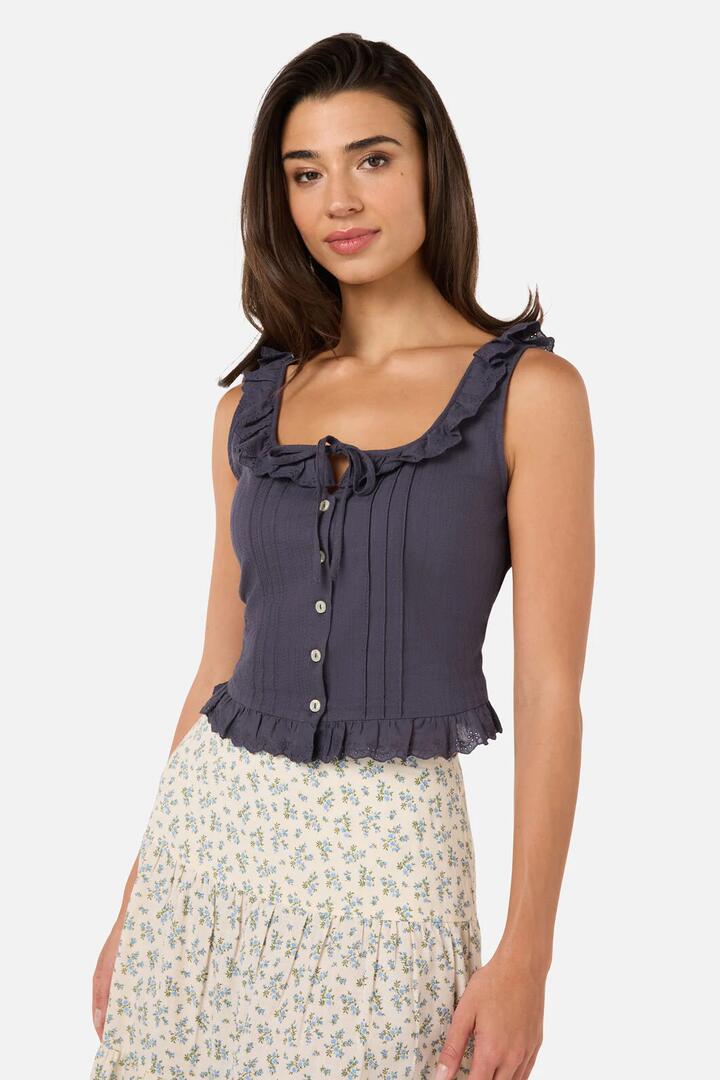 Image of a model wearing Tops. Product name - Elsie Sweet Corset Top in Bluestone colour by brand - Princess Highway