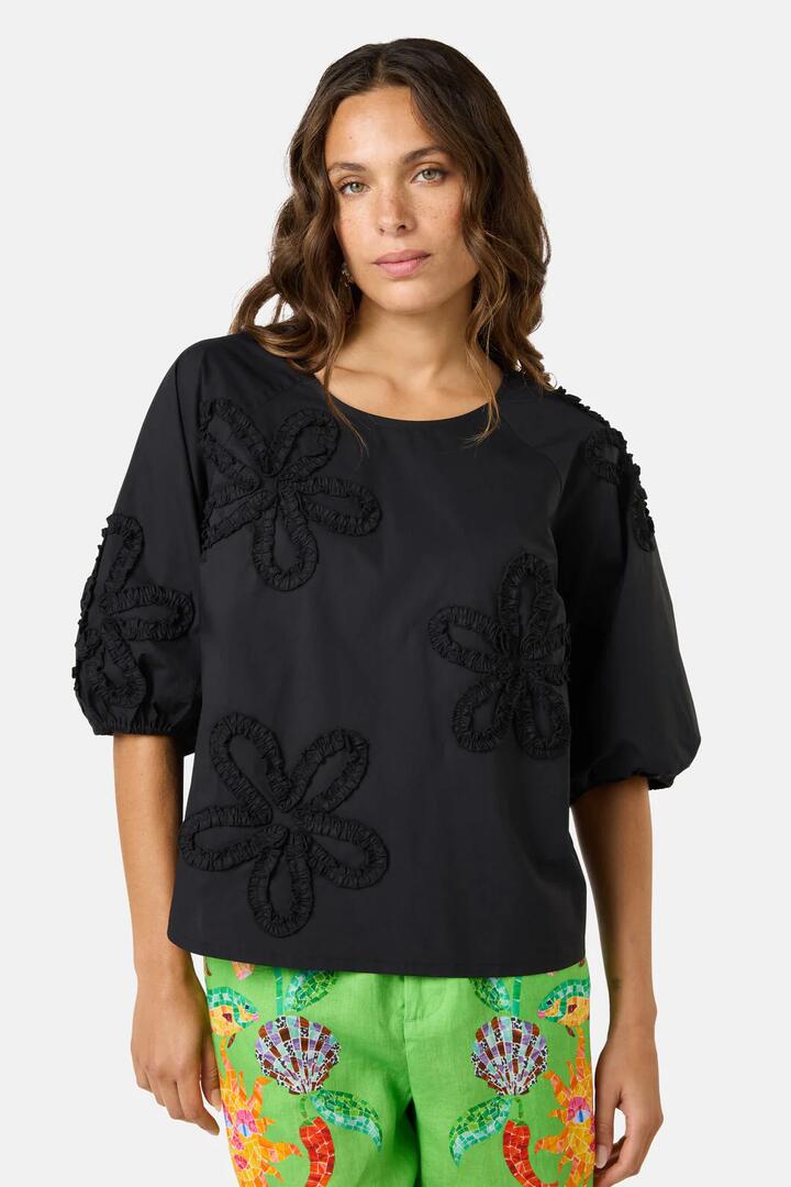 Image of a model wearing Tops. Product name - Hi Flower Cotton Top in Black colour by brand - Gorman