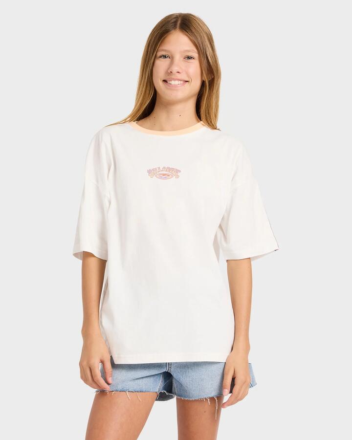 Image of a model wearing Tops. Productname: billabong Girls 6-16 Old Dayz Oversized T-Shirt Salt Crystal - in Salt Crystal colour by brand - Billabong