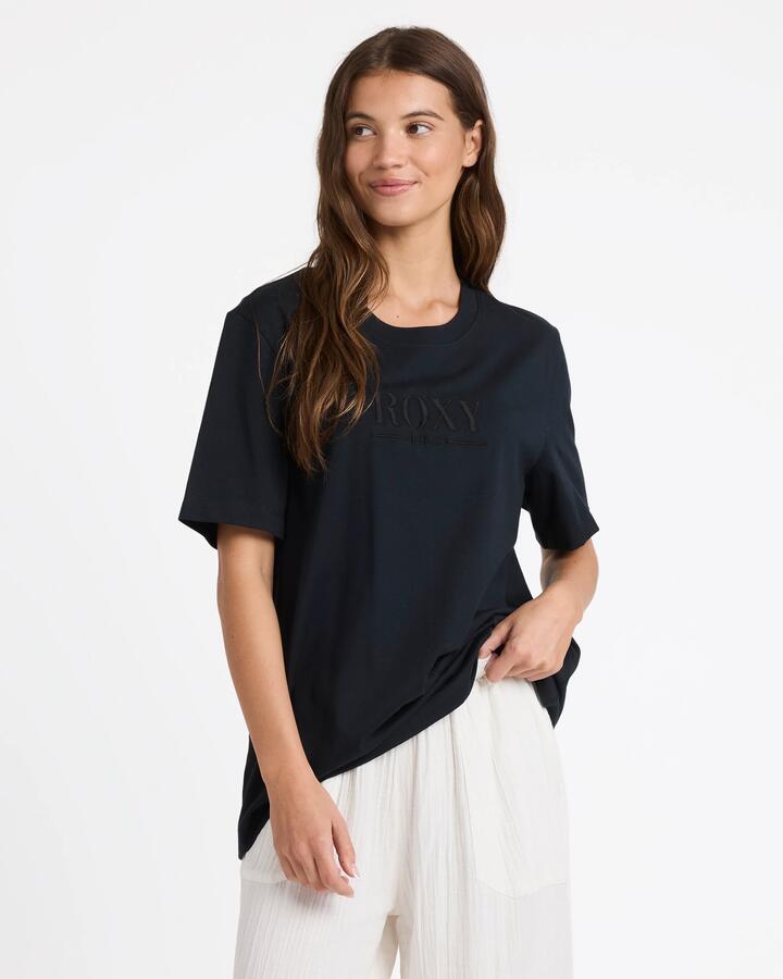Image of a model wearing Tops. Productname: Roxy Womens Sweet Life T-Shirt Anthracite - in Anthracite colour by brand - Roxy