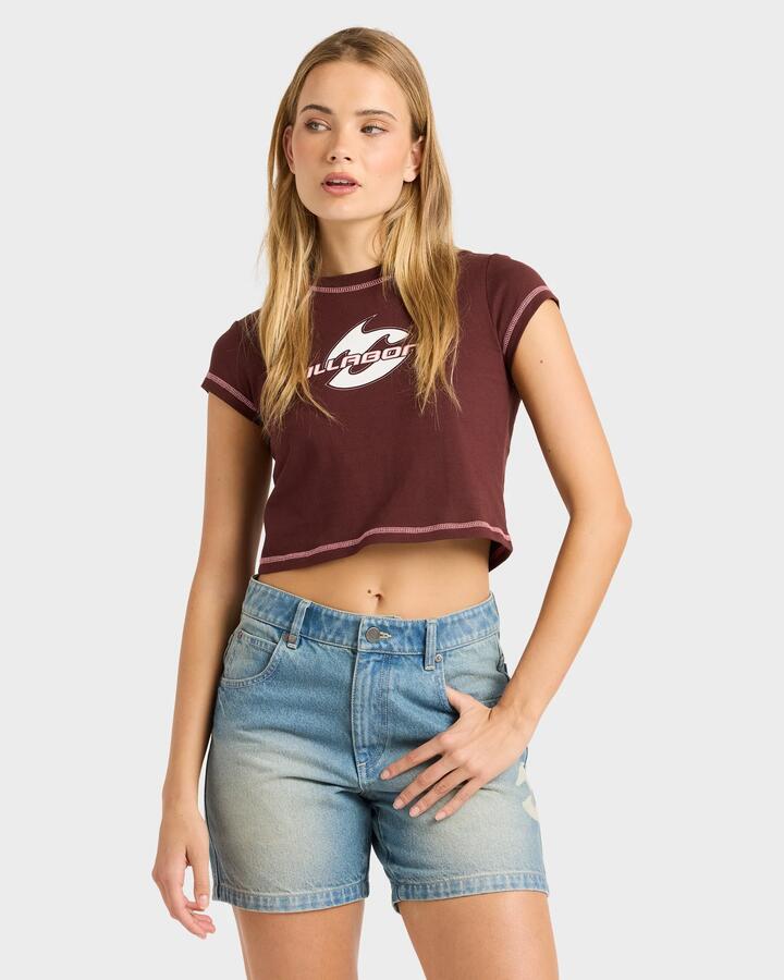 Image of a model wearing Shorts. Productname: billabong Womens Funster Relaxed Fit Denim Shorts Sun Faded Indigo - in Sun Faded Indigo colour by brand - Billabong