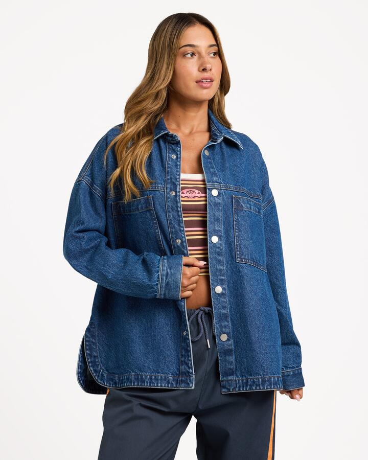 Image of a model wearing Outerwear. Productname: roxy - Womens Back Slider Denim Jacket - Blue - in Blue colour by brand - roxy