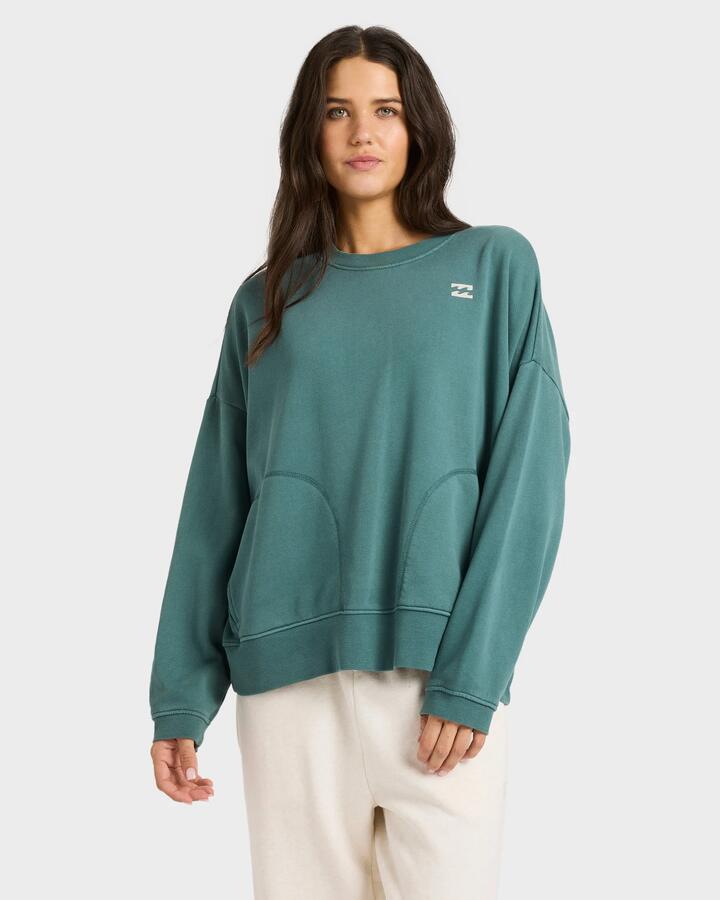 Image of a model wearing Outerwear. Product name - Billabong Womens Don'T Forget Pullover Crew Neck Alpine in Alpine colour by brand - Billabong
