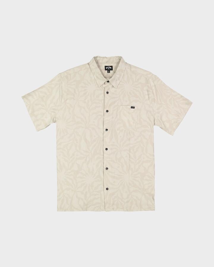 Image of a model wearing Tops. Productname: billabong - Mens Sundays Jacquard Short Sleeve Shirt - Ash - in Ash colour by brand - billabong