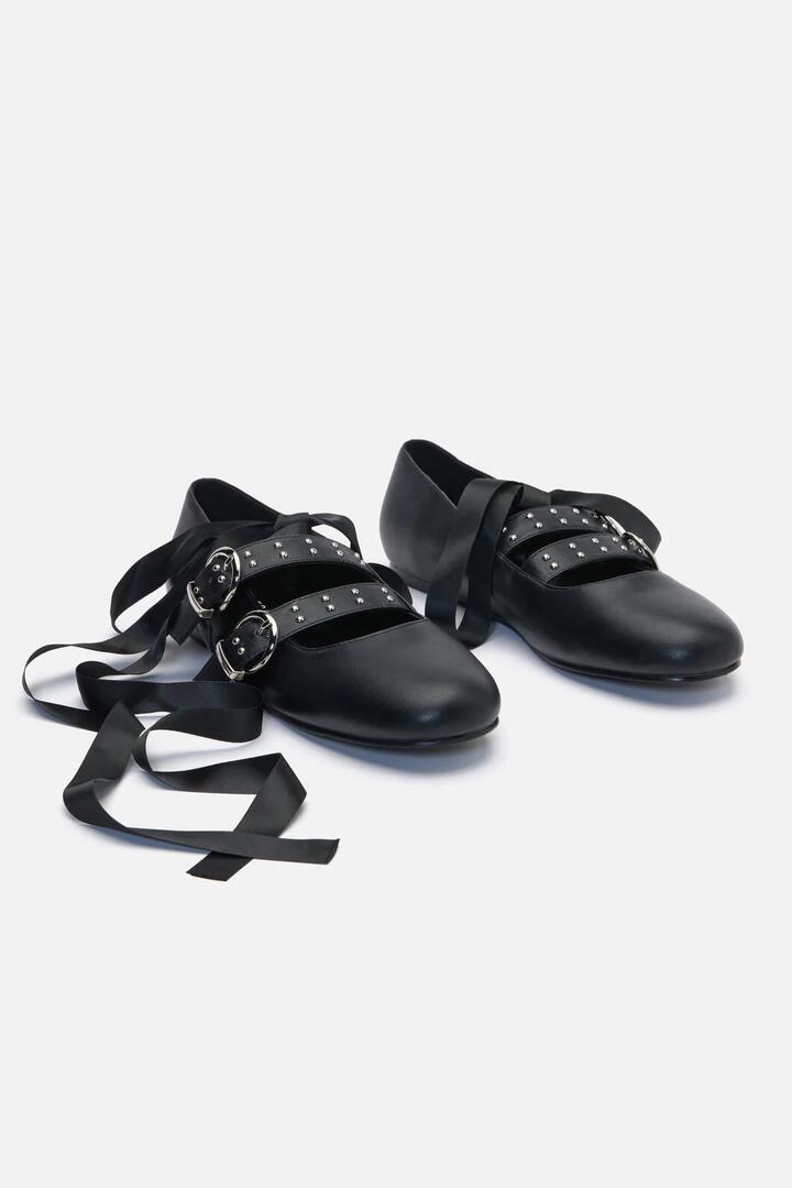 Image of Shoes. Product name - Removable Tie Stud Ballet Shoe in Black colour by brand - Dangerfield