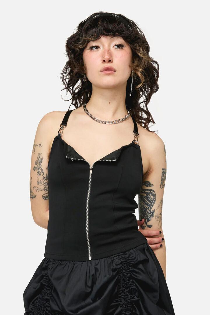 Image of a model wearing Tops. Product name - Divination Goth Zip Top in Black colour by brand - Dangerfield