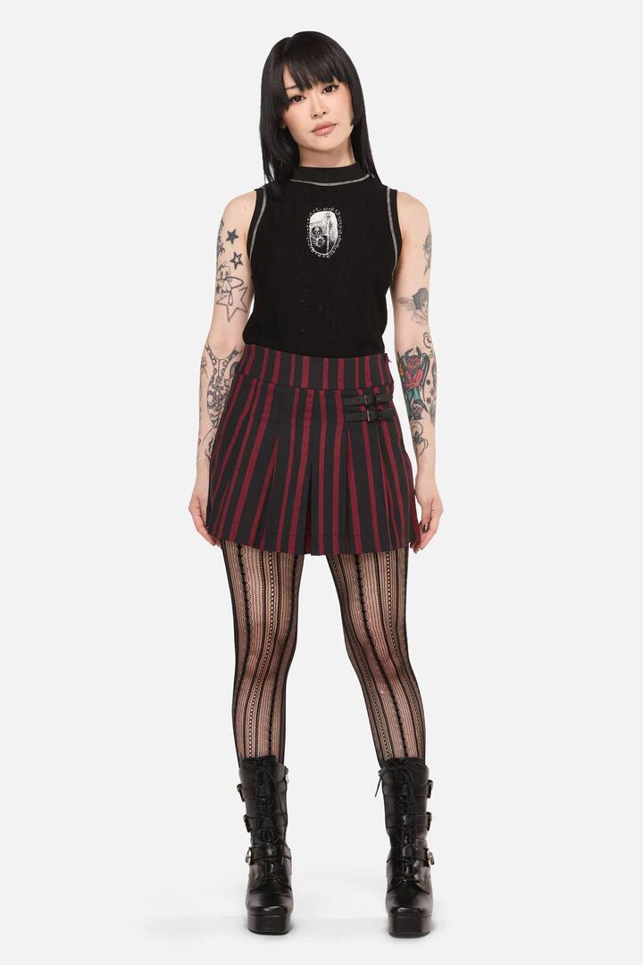 Image of a model wearing Skirts. Product name - Ritualistic Goth Skort in Red/Black colour by brand - Black Friday
