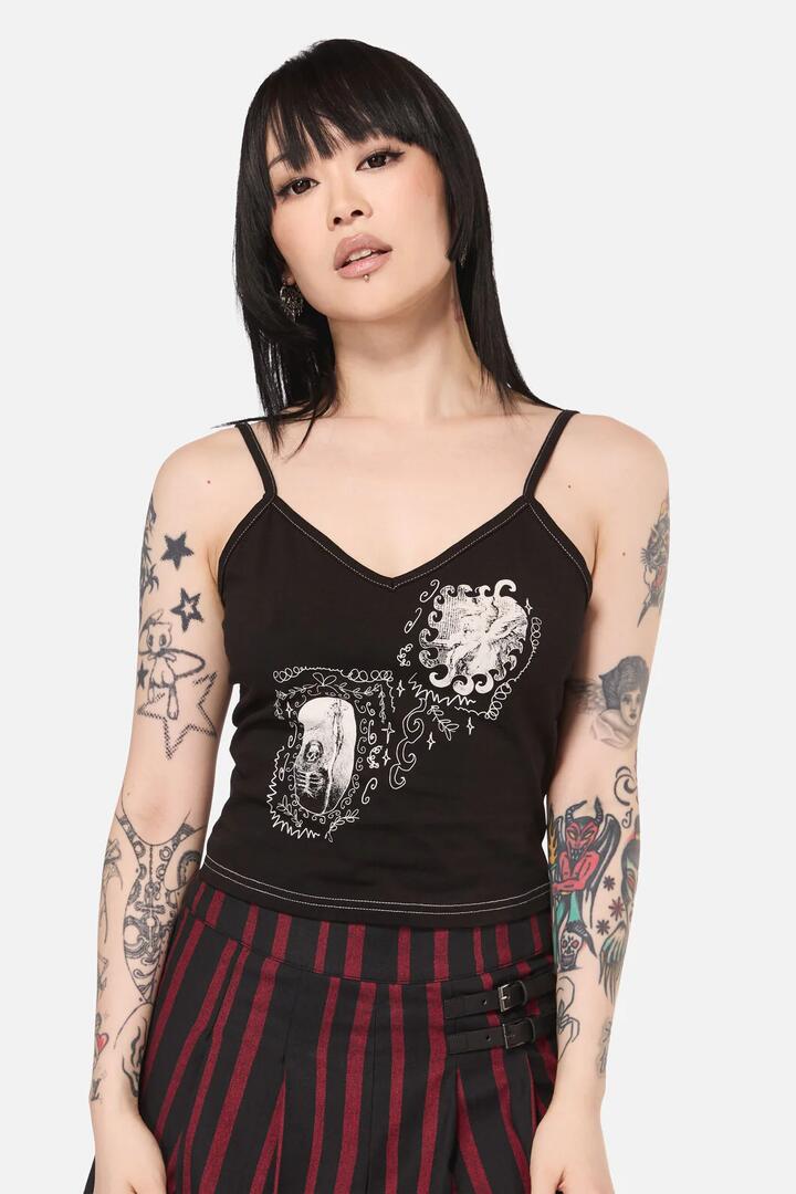 Image of a model wearing Tops. Product name - Tabitha Goth Tank Top in Black colour by brand - Black Friday