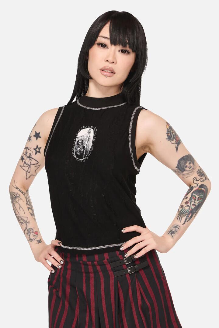 Image of a model wearing Tops. Product name - Disturbing Goth Tank Top in Black colour by brand - Black Friday
