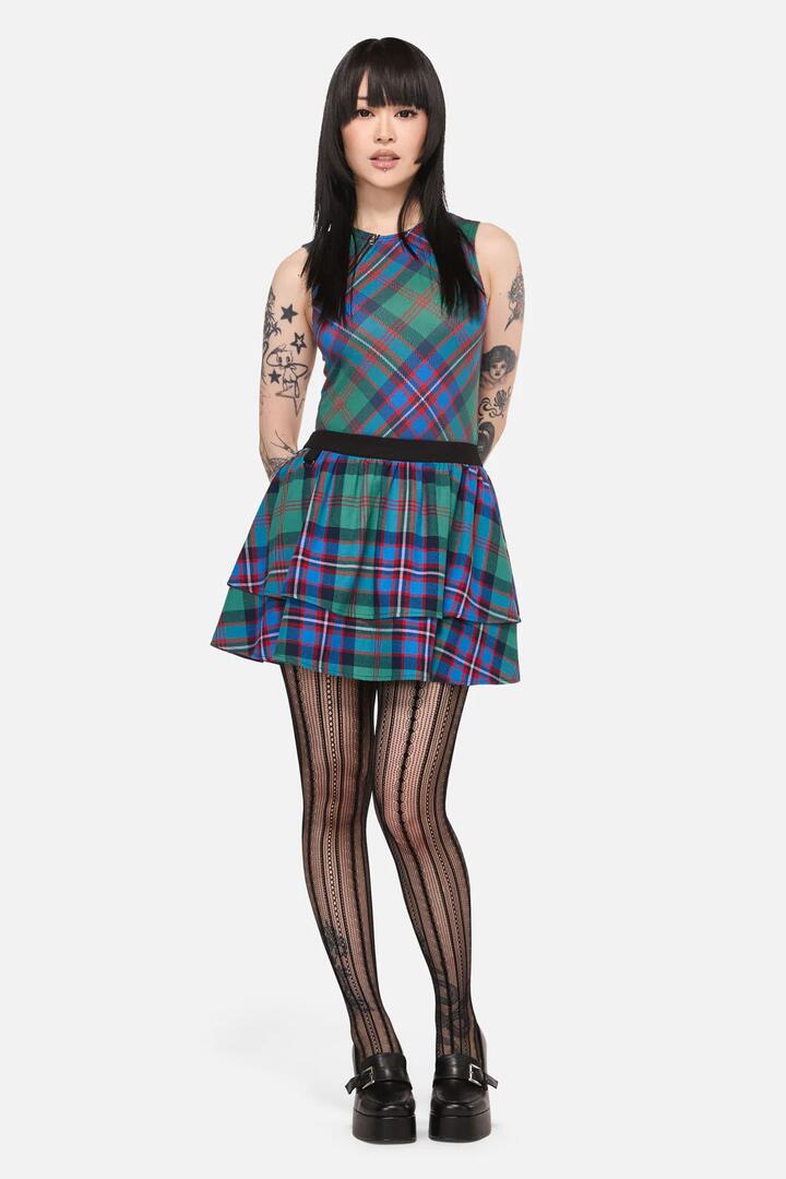 Image of a model wearing Skirts. Product name - Diablo Goth Tartan Mini Skirt in Multi colour by brand - Black Friday