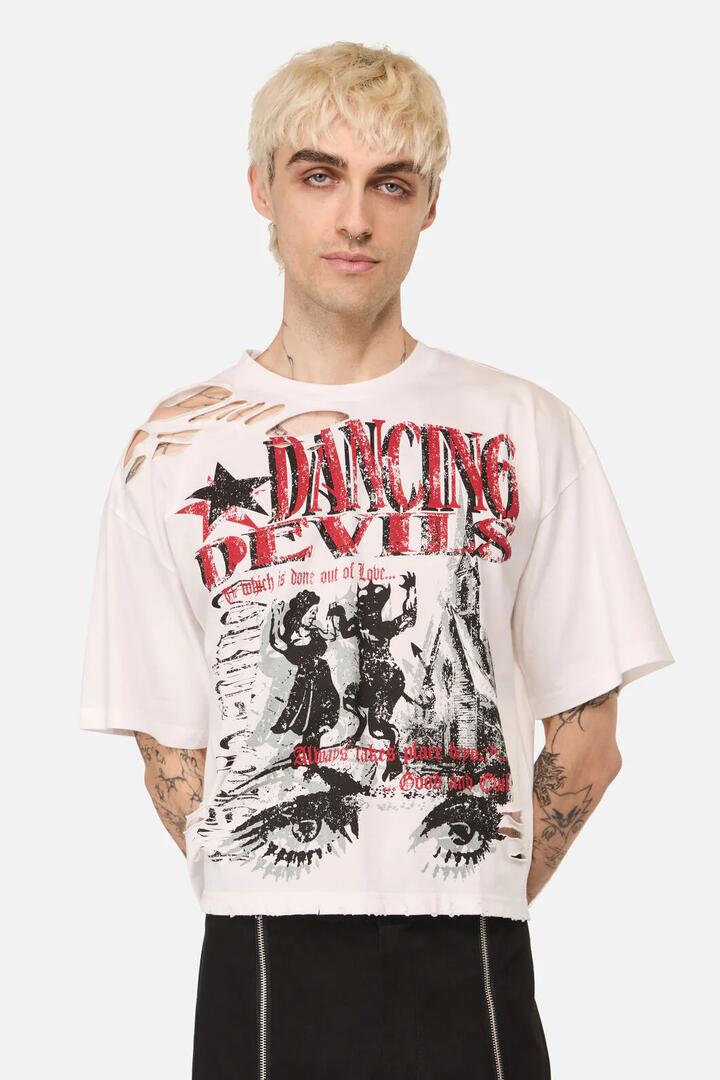Image of T-Shirts. Product name - Distressed Graphic Print Tee in Cream colour by brand - Black Friday