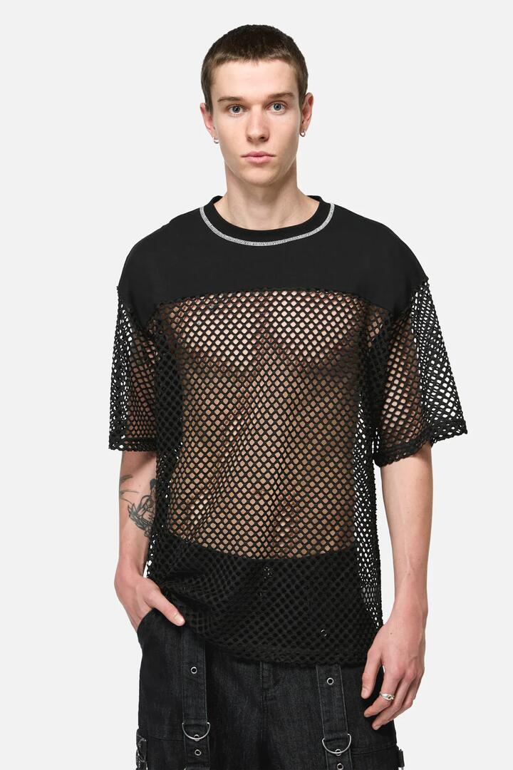 Image of a model wearing Tops. Product name - Oversize Mesh Panel Top in Black colour by brand - Black Friday
