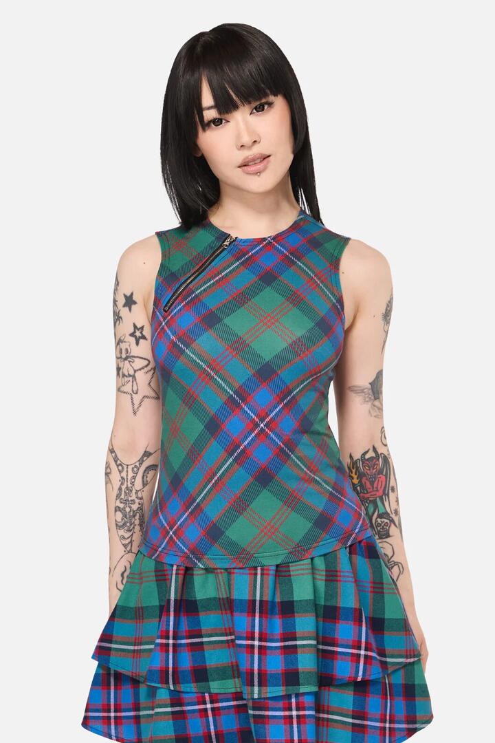 Image of a model wearing Tops. Product name - Diablo Goth Tartan Tank Top in Multi colour by brand - Black Friday
