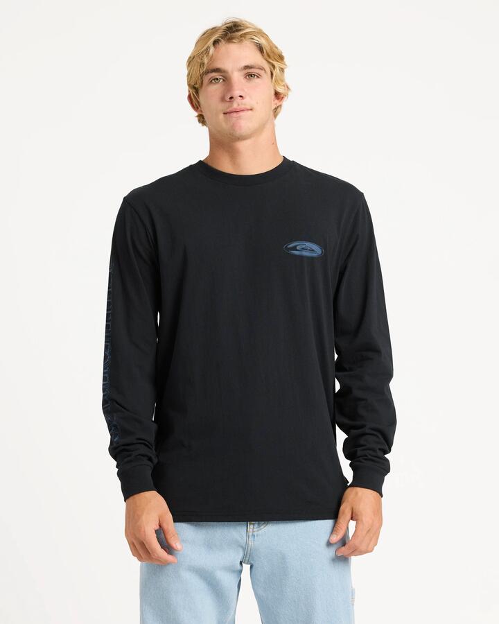 Image of a model wearing Tops. Product name - Quiksilver Mens Chrome Long Sleeve T-Shirt Black in Black colour by brand - Quiksilver