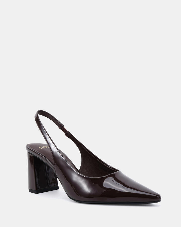 Image of Shoes. Productname: Irie: Espresso Patent - Women's Court - High Heel in Espresso Patent colour by brand - Novo