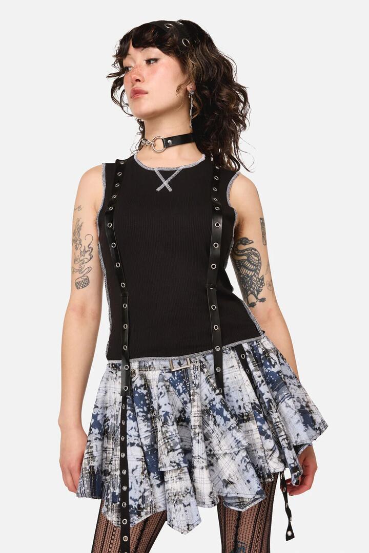 Image of a model wearing Tops. Product name - Nancy Eyelet Punk Tank Top in Black colour by brand - Dangerfield