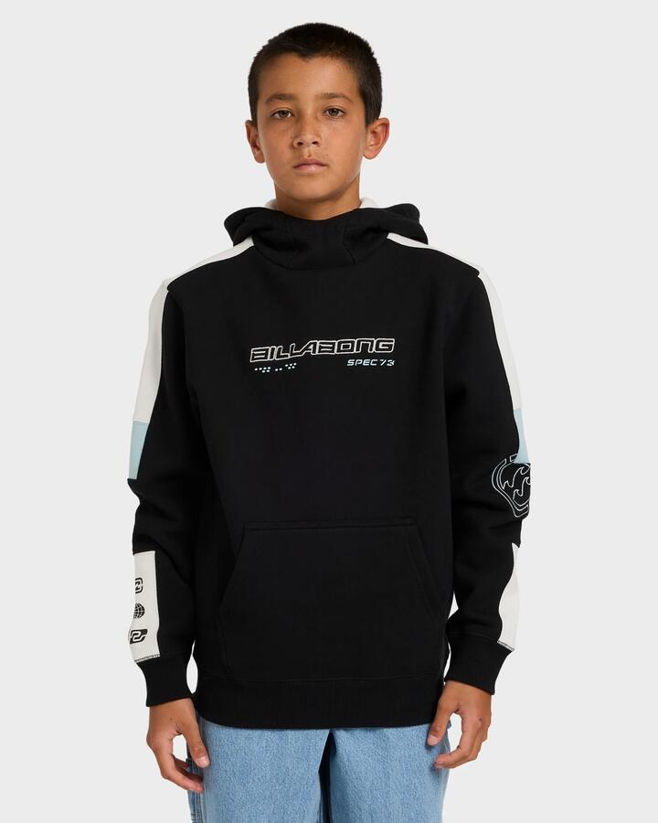 Image of a model wearing Outerwear. Product name - Billabong Boys 8-16 Spec 73 Pullover Hoodie Faulty Item!!!!! Black in Black colour by brand - Billabong