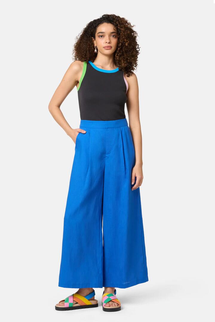Image of a model wearing Pants. Productname: Electric Wide Leg Pant in Blue colour by brand - Gorman