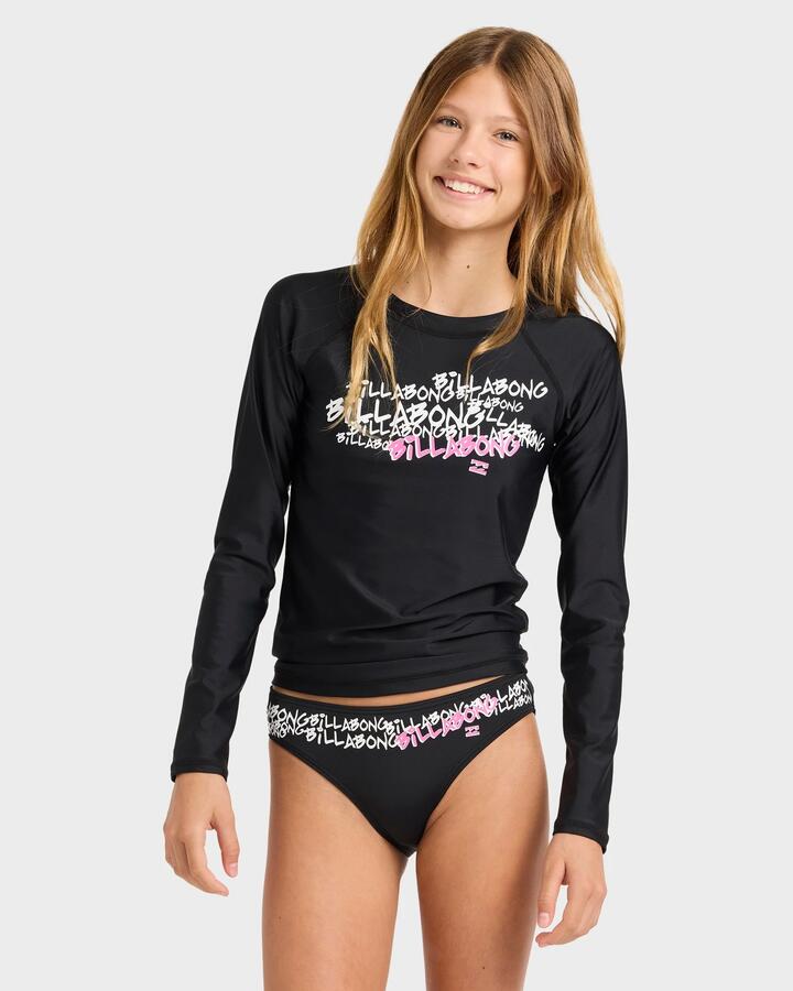 Image of Swimwear. Product name - Billabong Girls 8-16 Say My Name Rash Vest/Bikini Bottom Two Piece Black in Black colour by brand - Billabong