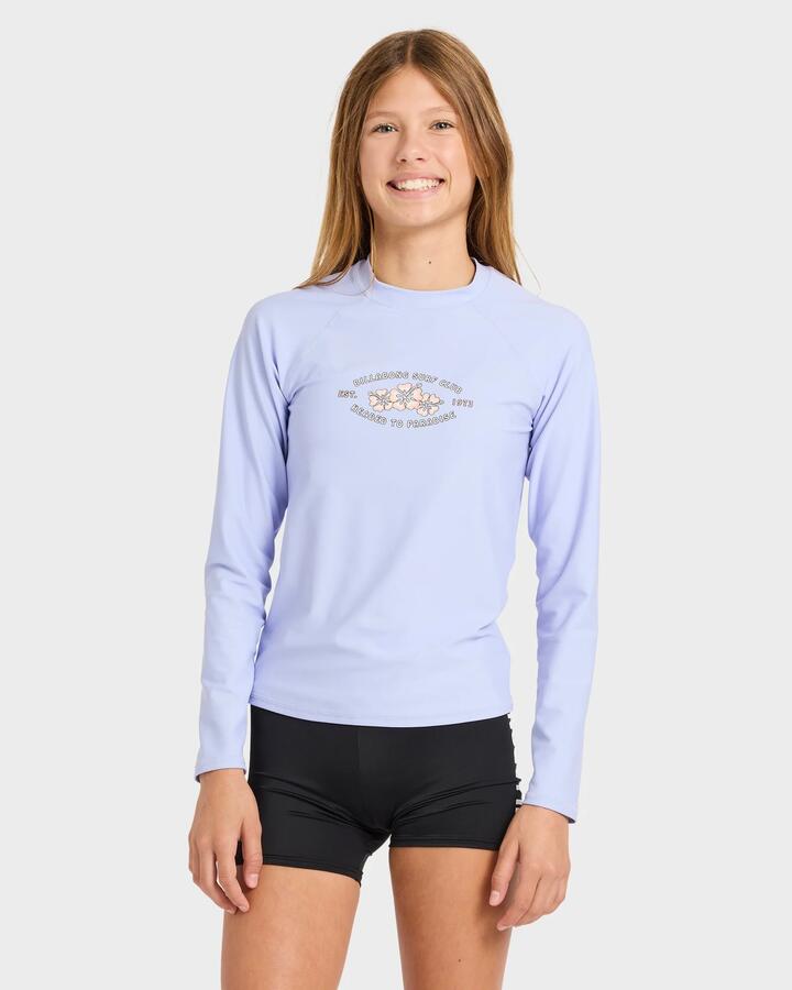 Image of a model wearing Tops. Product name - Billabong Girls 6-16 Surf Club Long Sleeve Rashvest Twilight Blue in Twilight Blue colour by brand - Billabong