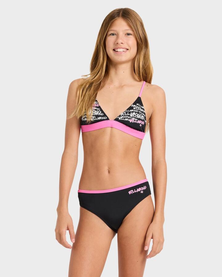 Image of a model wearing Tops. Product name - Billabong Girls 6-14 Say My Name Triangle Cami Set Two Piece Black in Black colour by brand - Billabong