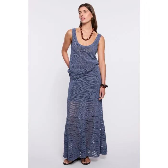 Image of a model wearing Skirts. Productname: Arki Knit Skirt in Indigo Steel colour by brand - sass and bide