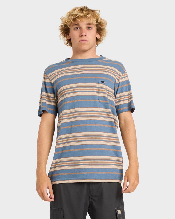 Image of a model wearing Tops. Productname: rvca Mens Magnolia Crew T-Shirt Vintage Navy - in Vintage Navy colour by brand - Rvca