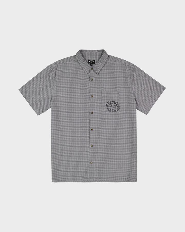 Image of a model wearing Tops. Productname: billabong Mens Mogul Short Sleeve Oversized Shirt Alloy - in Alloy colour by brand - Billabong