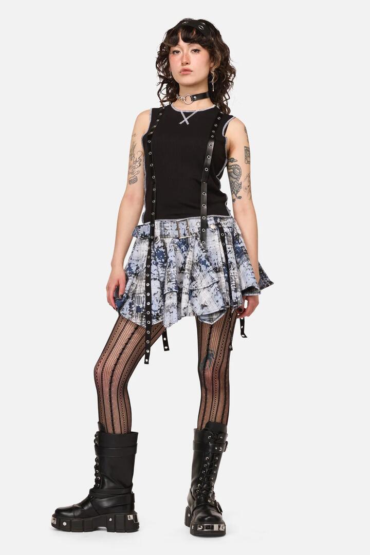 Image of a model wearing Skirts. Productname: Fiendish Tartan Goth Skort in Multi colour by brand - Dangerfield
