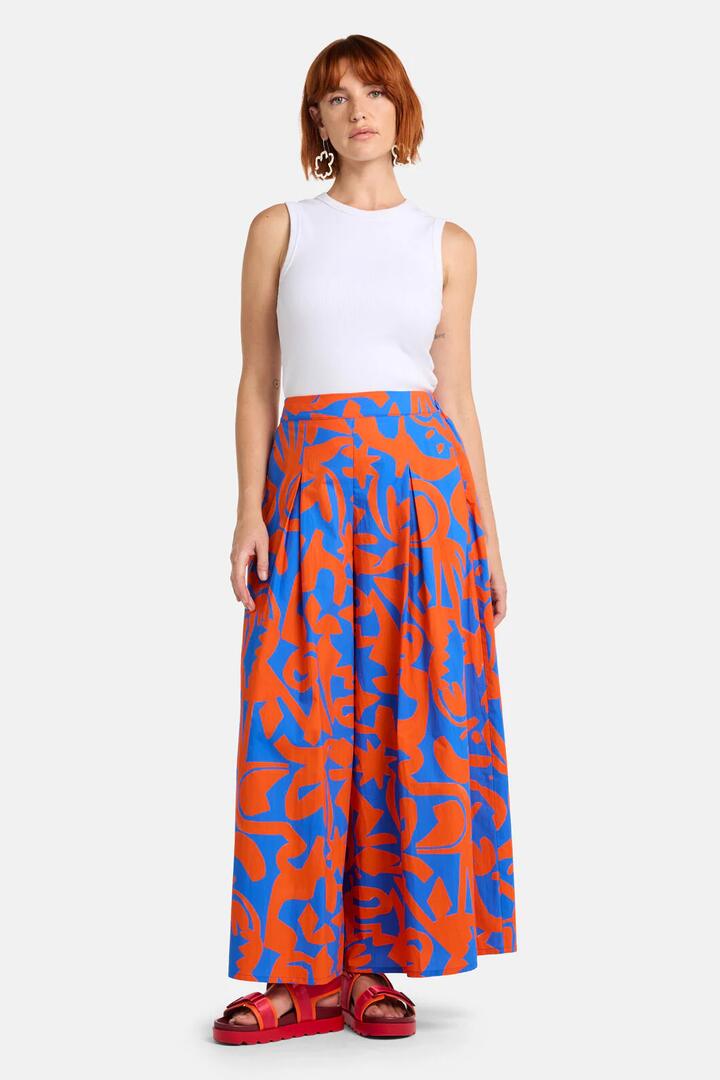 Image of a model wearing Pants. Product name - Firecracker Print Cotton Culotte in Print colour by brand - Gorman