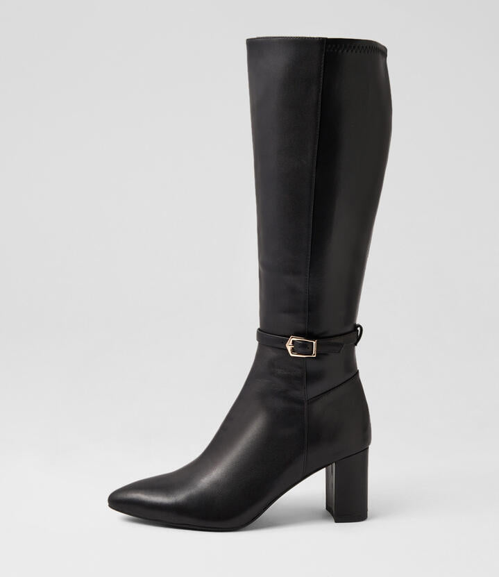 Image of Boots. Productname: Clarvoy Black Leather Stretch Knee High Boots in Black colour by brand - MIDAS