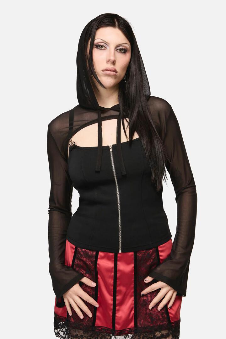 Image of a model wearing Tops. Productname: Inferno Goth Hooded Sleeve in Black colour by brand - Black Friday