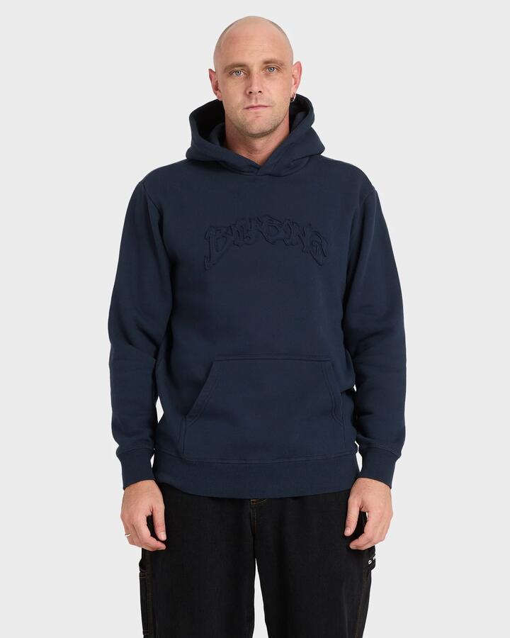 Image of a model wearing Outerwear. Product name - Billabong Mens Tonal Boss Pop Pullover Hoodie Navy in Navy colour by brand - Billabong