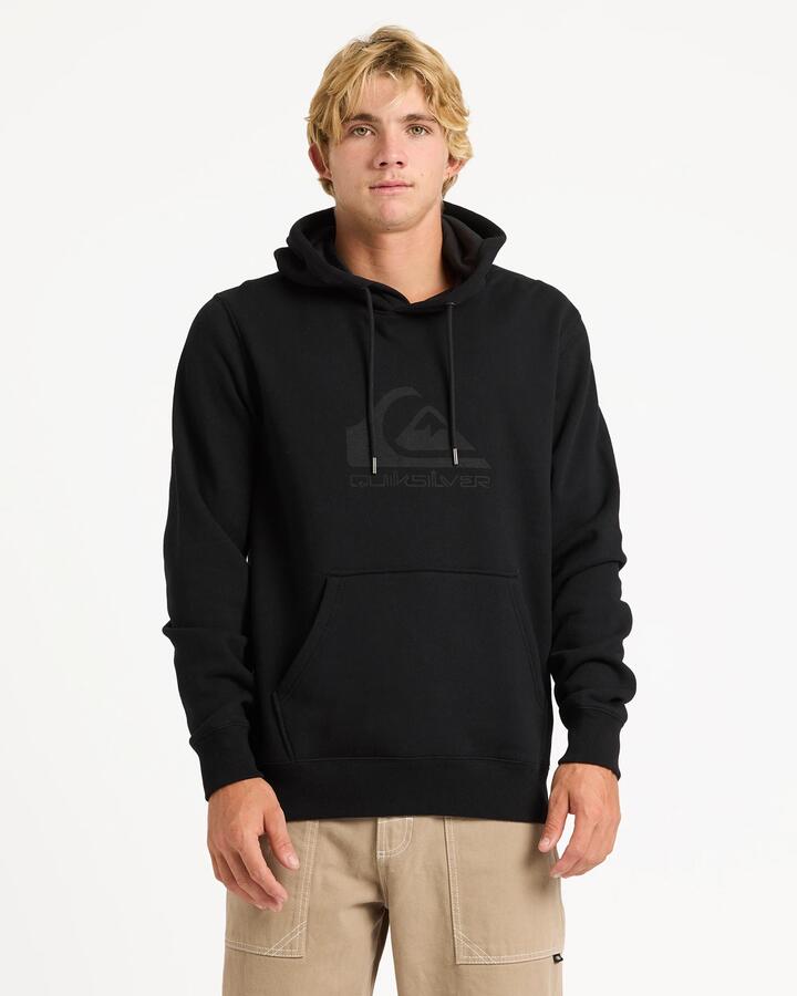 Image of a model wearing Outerwear. Productname: quiksilver - Mens Comp Logo Pullover Hoodie - Black - in Black colour by brand - quiksilver