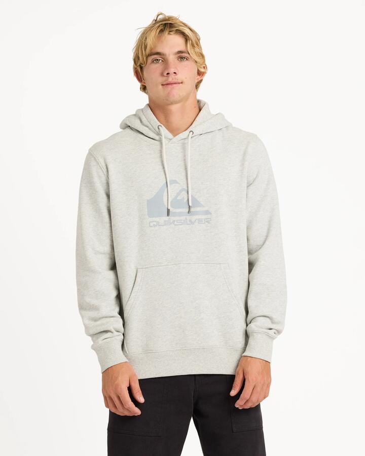 Image of a model wearing Outerwear. Productname: quiksilver - Mens Comp Logo Pullover Hoodie - Light Grey Heather - in Light Grey Heather colour by brand - quiksilver