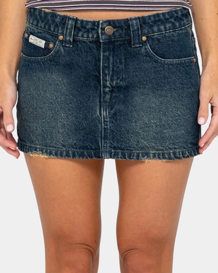 Image of a model wearing Skirts. Product name - Rusty Womens Roxanne Low Rise Denim Skirt Dark N Dirty in Dark N Dirty colour by brand - Rusty