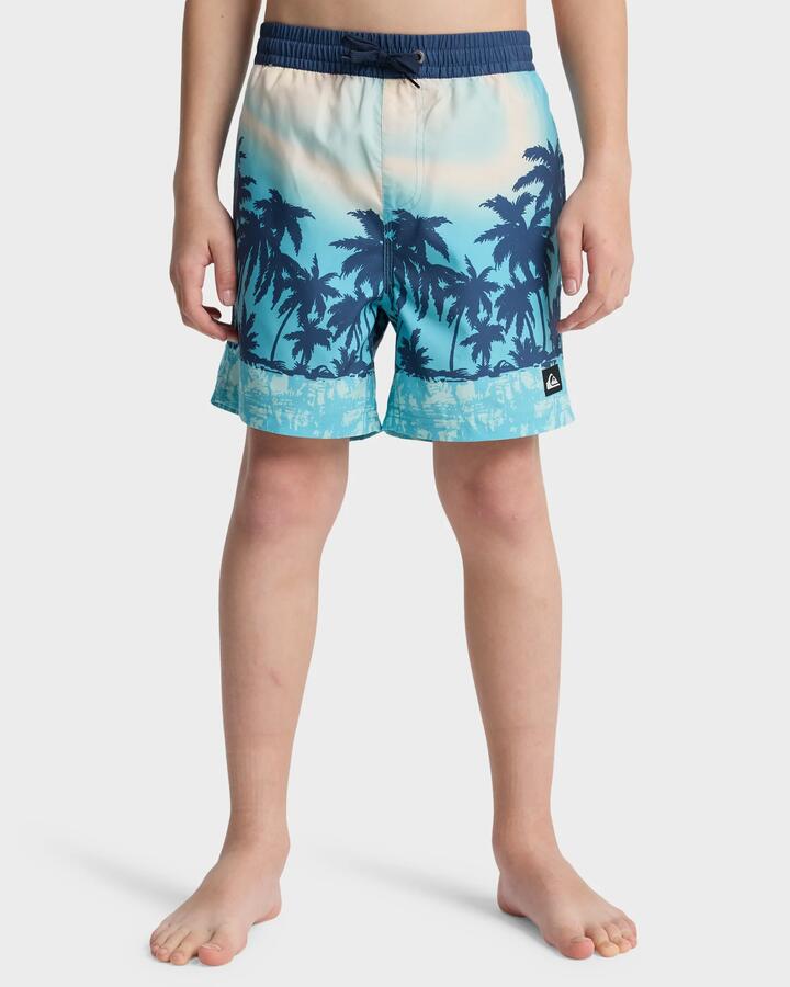 Image of a model wearing Shorts. Product name - Quiksilver Boys 8-16 Everyday Printed 14" Swim Shorts Aqua Thermotropics in Aqua Thermotropics colour by brand - Quiksilver