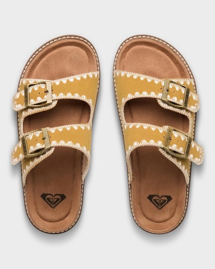 Image of Slippers. Product name - Roxy Womens Syndira Slides Yellow Sun in Yellow Sun colour by brand - Roxy
