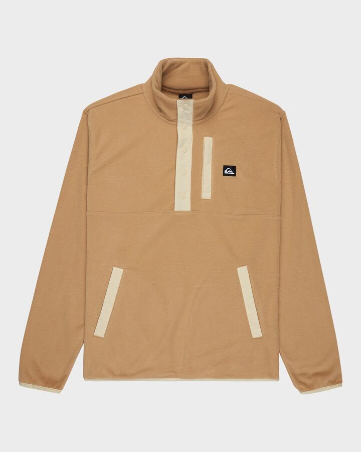Image of a model wearing Outerwear. Product name - Quiksilver Mens No Destination Half Zip Fleeece Jumper Khaki in Khaki colour by brand - Quiksilver