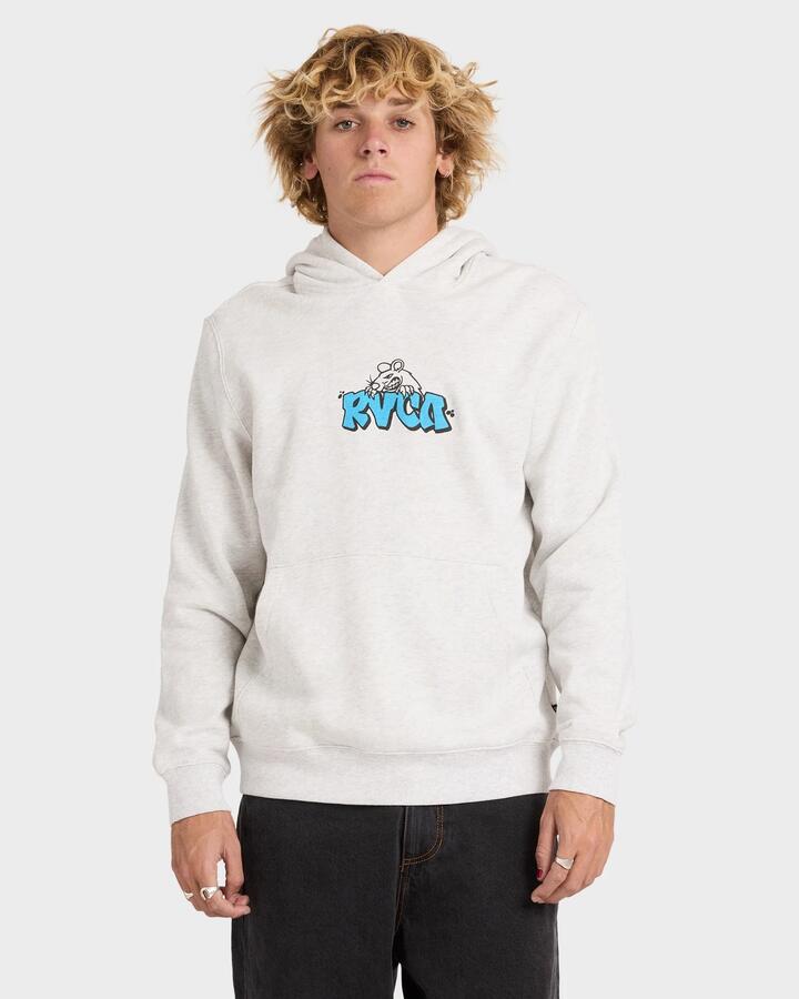 Image of a model wearing Outerwear. Product name - RVCA Mens Ratnest Pullover Hoodie Ash Heather in Ash Heather colour by brand - RVCA