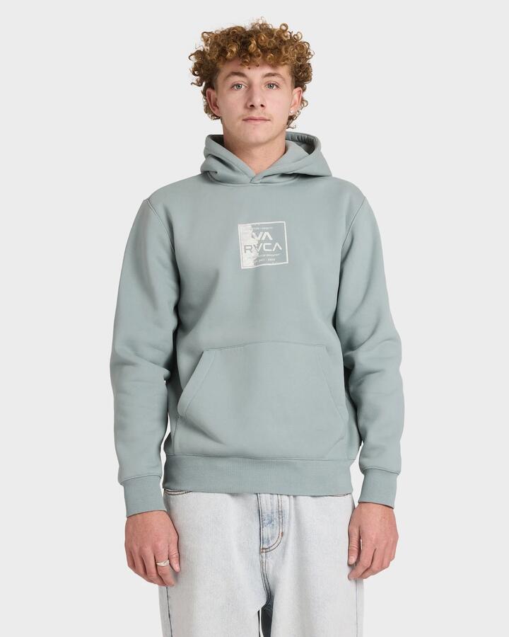 Image of a model wearing Outerwear. Product name - RVCA Mens Va Torn Pullover Hoodie Lead in Lead colour by brand - RVCA