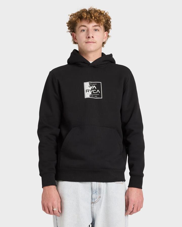 Image of a model wearing Outerwear. Product name - RVCA Mens Va Torn Pullover Hoodie Rvca Black in Rvca Black colour by brand - RVCA
