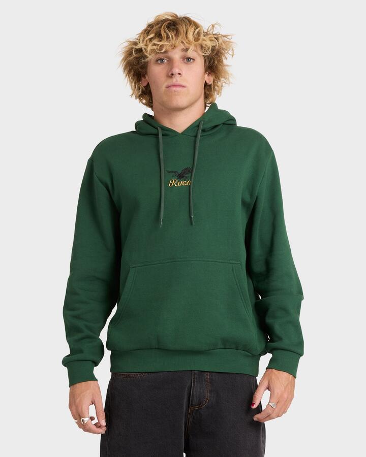 Image of a model wearing Outerwear. Product name - RVCA Mens On Wing Pullover Hoodie Grass Green in Grass Green colour by brand - RVCA