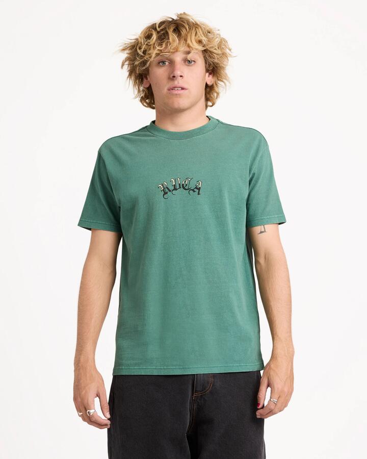Image of T-Shirts. Product name - RVCA Mens Olde Rvca T-Shirt Grass Green in Grass Green colour by brand - RVCA